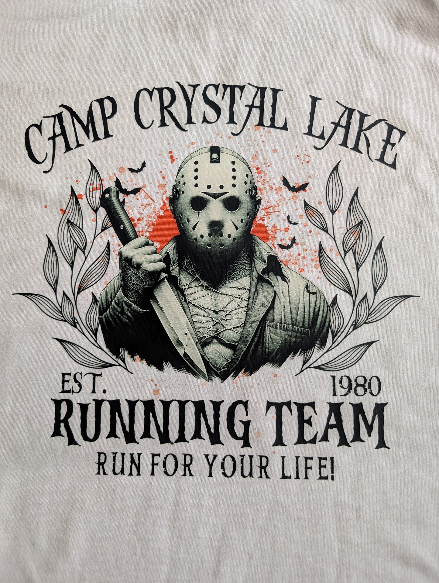 Jason Camp Crystal Lake Running Team Horror Graphic T-Shirt XL white cotton
