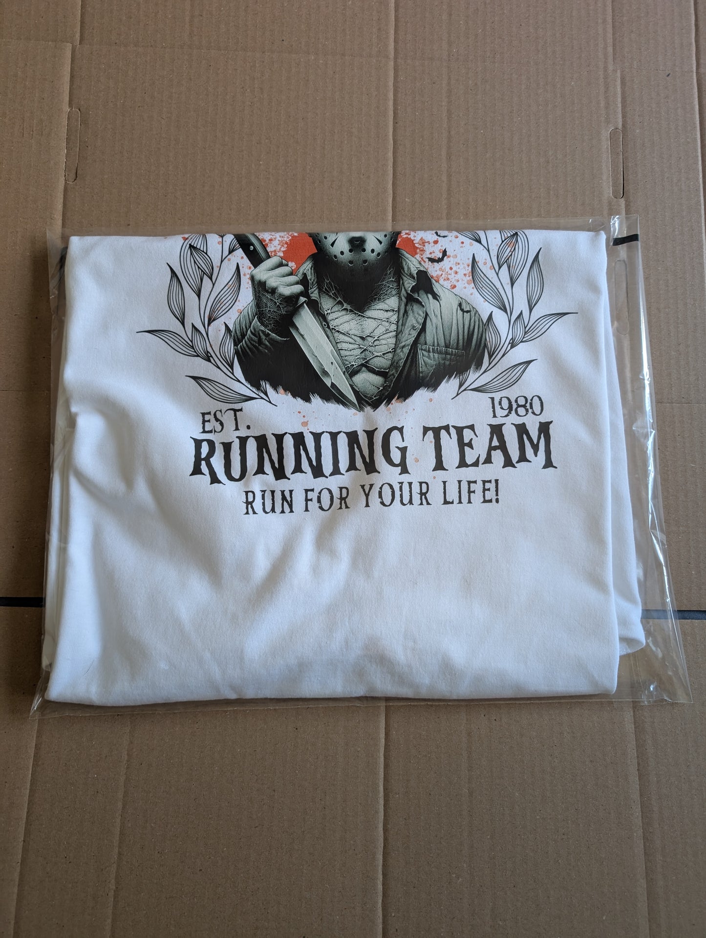 Jason Camp Crystal Lake Running Team Horror Graphic T-Shirt XL white cotton