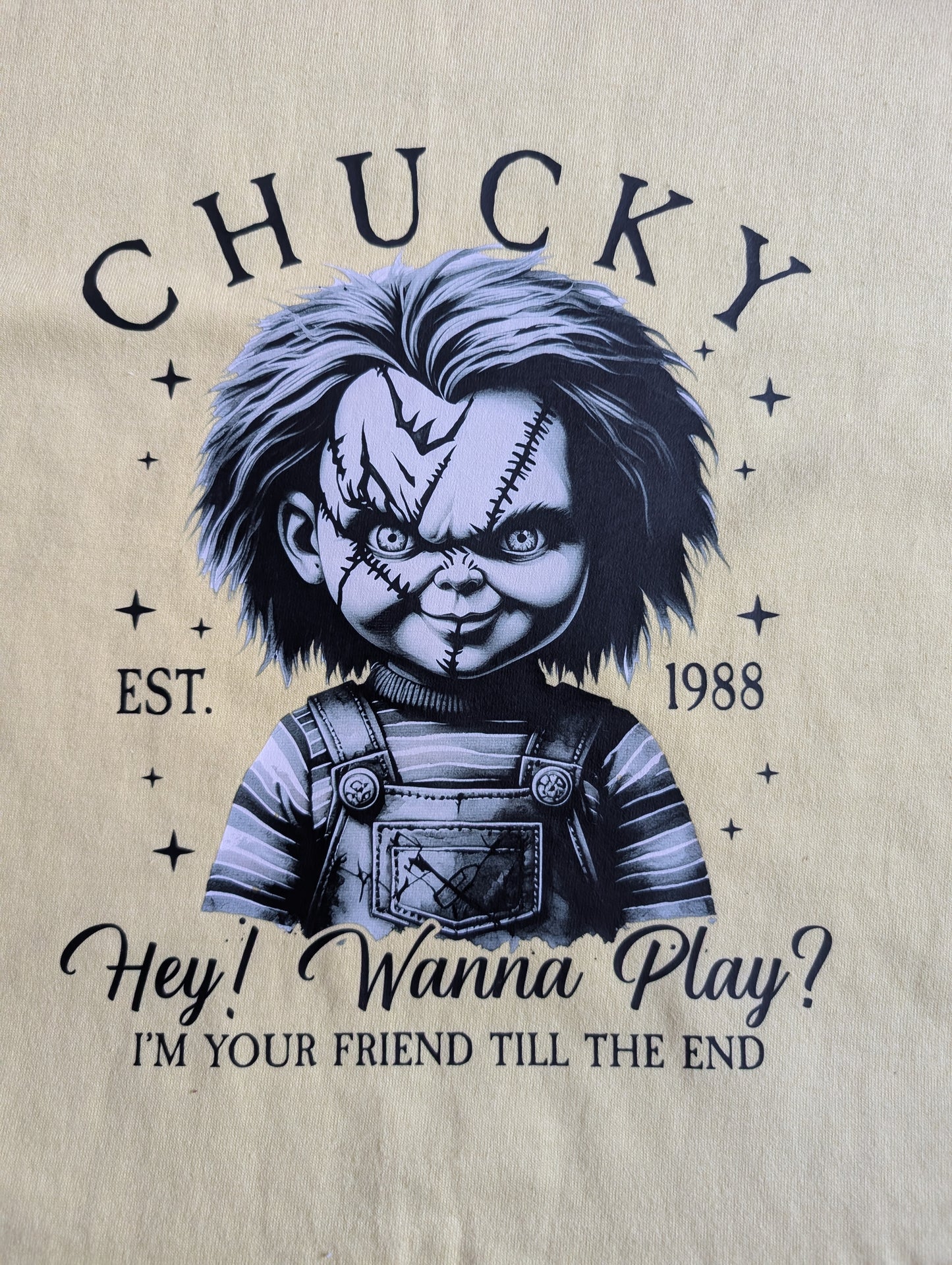Chucky Horror T-shirt Design Printed On Yellow L Cotton Unisex tee