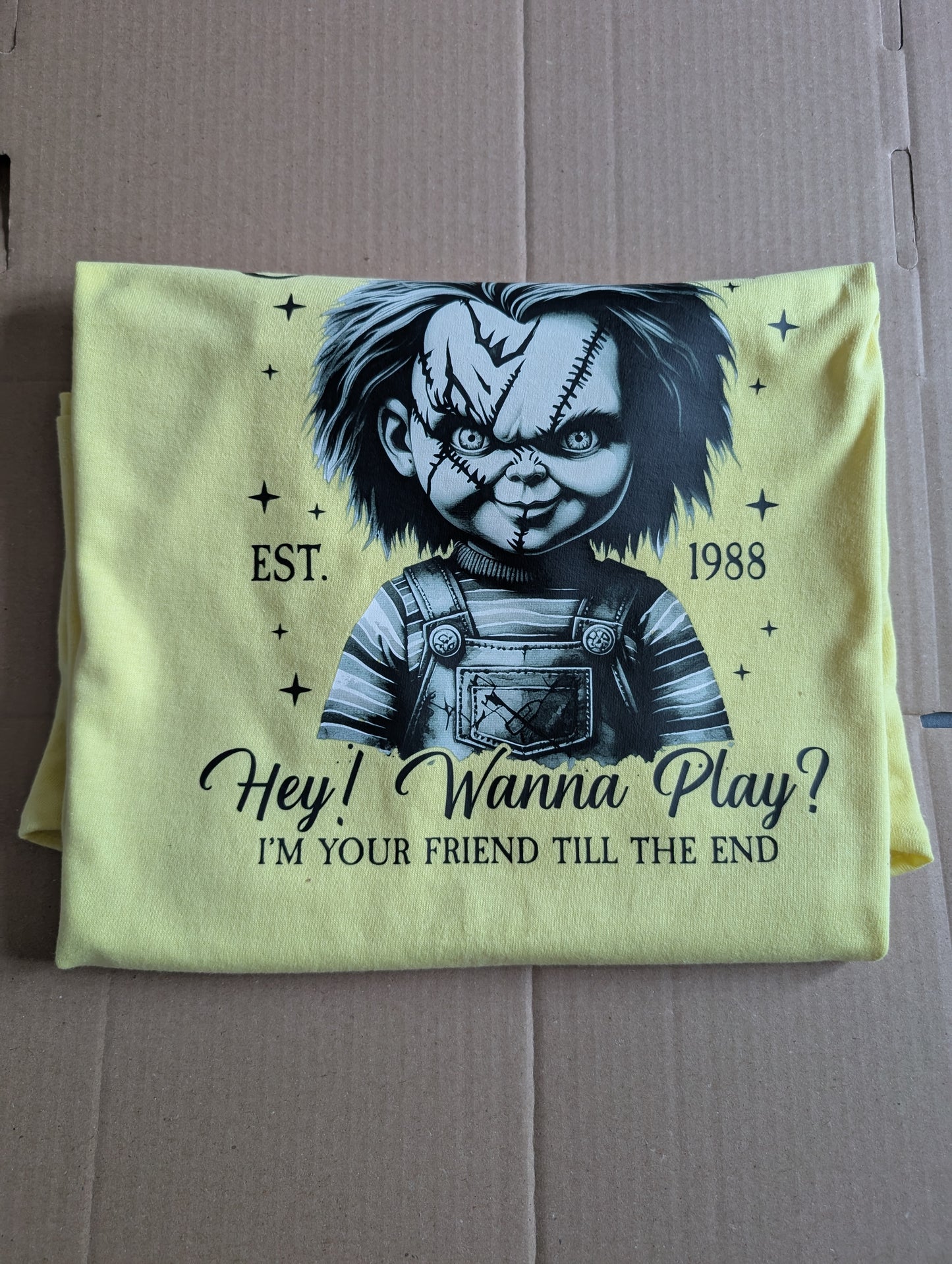 Chucky Horror T-shirt Design Printed On Yellow L Cotton Unisex tee