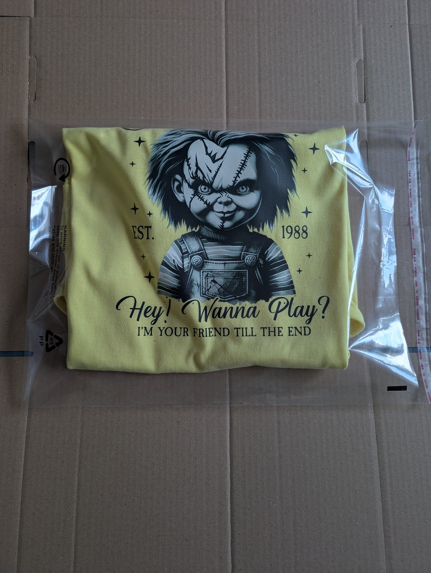 Chucky Horror T-shirt Design Printed On Yellow L Cotton Unisex tee