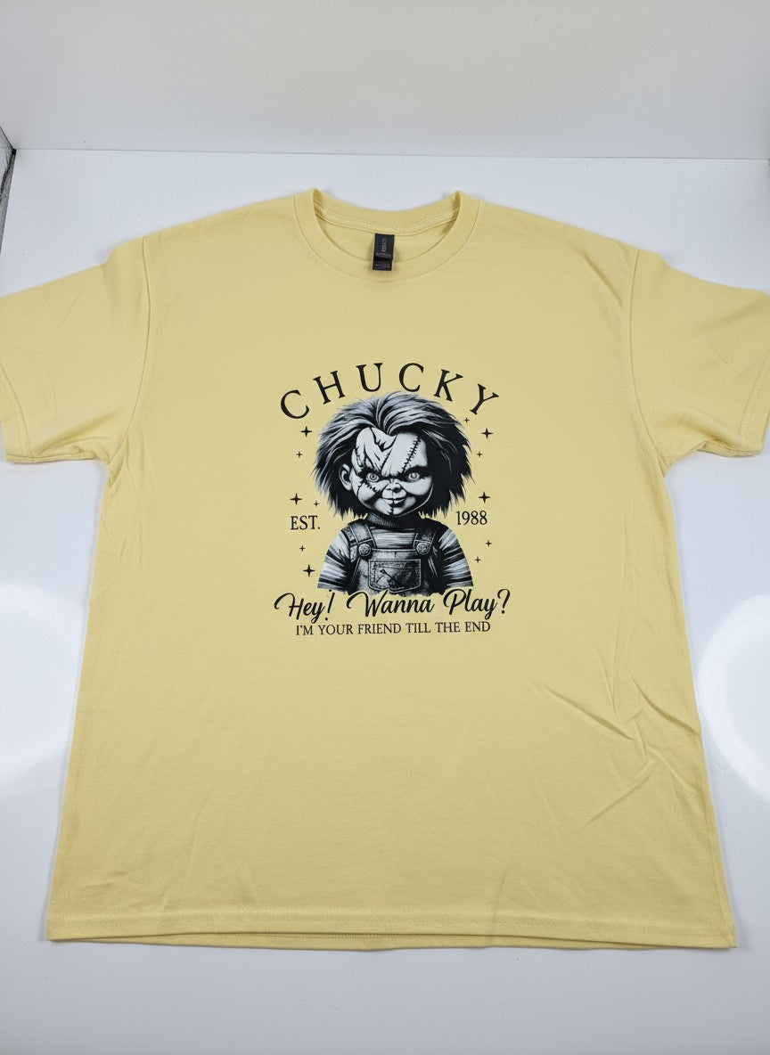 Chucky Horror T-shirt Design Printed On Yellow L Cotton Unisex tee