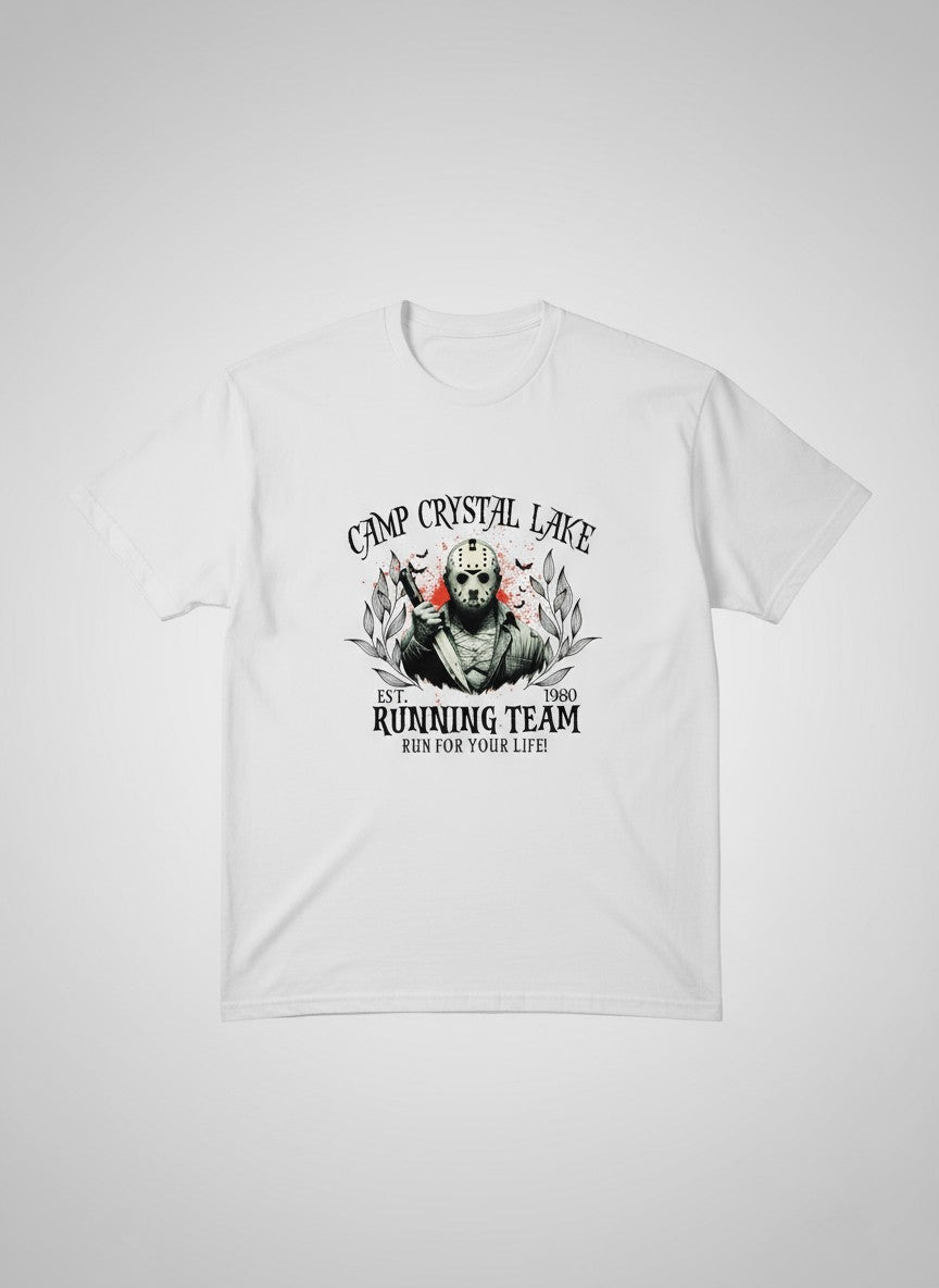 Jason Camp Crystal Lake Running Team Horror Graphic T-Shirt XL white cotton